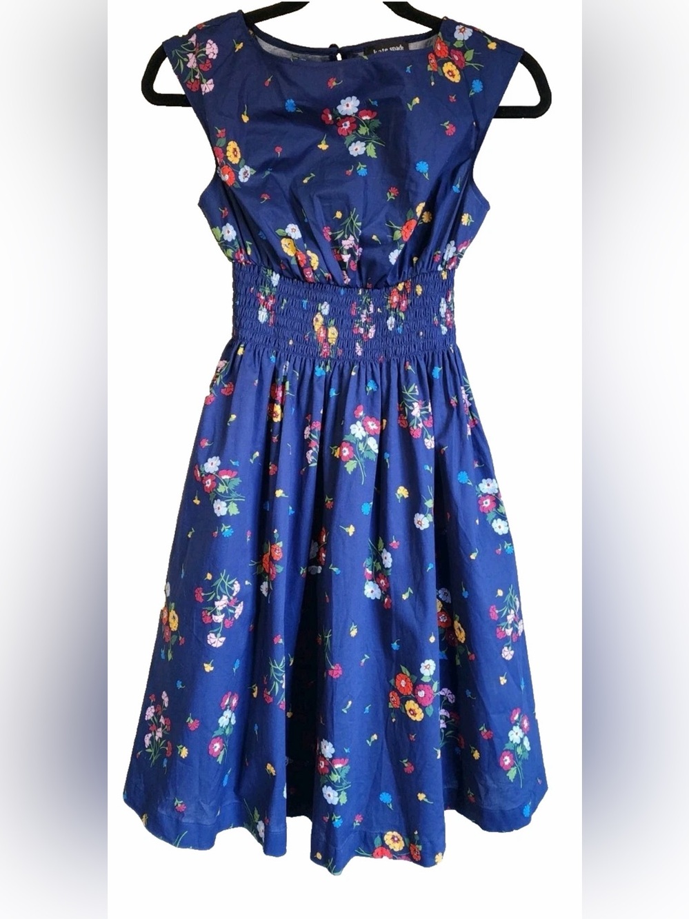 Kate Spade Navy Floral Cotton Fit & Flare Midi Dress with Smocked Waist